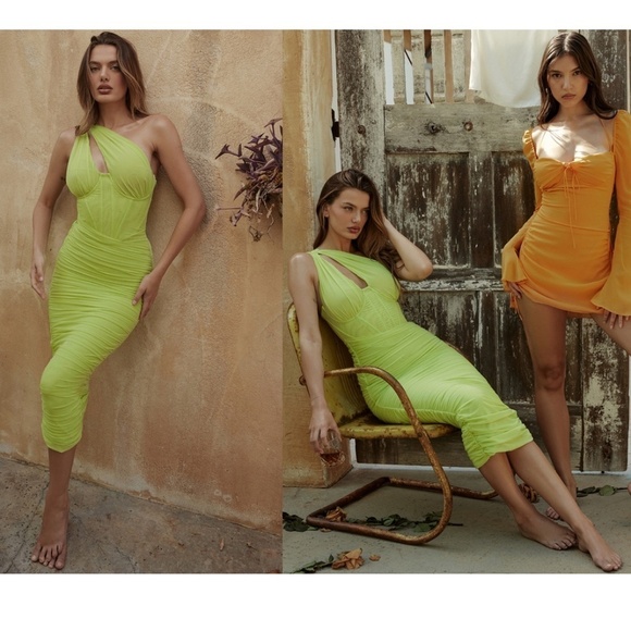 HOUSE OF CB 'Valentina'Lime neon Asymmetric Cutout Midi‎ Dress/Size XS plus cup - Picture 6 of 16